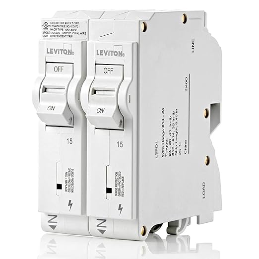 Leviton Surge Protective Device with Two 15A 1-Pole Plug-On Standard Branch Circuit Breakers, Hydraulic Magnetic, 120/240 VAC, LSPD1, White