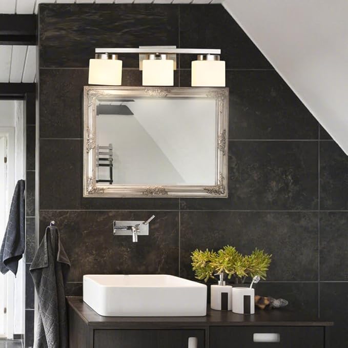 3 Light Bathroom Vanity Light Over Mirror, Modern Brushed Nickel Vanity Lights with Milky Glass Shade, 23 inches Vanity Lighting Fixtures for Bathroom Lighting