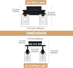 2-Light Wall Sconce Spotlight Fixtures, Matte Black Track Lighting Kit Flush Mount Ceiling Light for Kitchen Over Mirror Foyer, Seeded Glass Shade