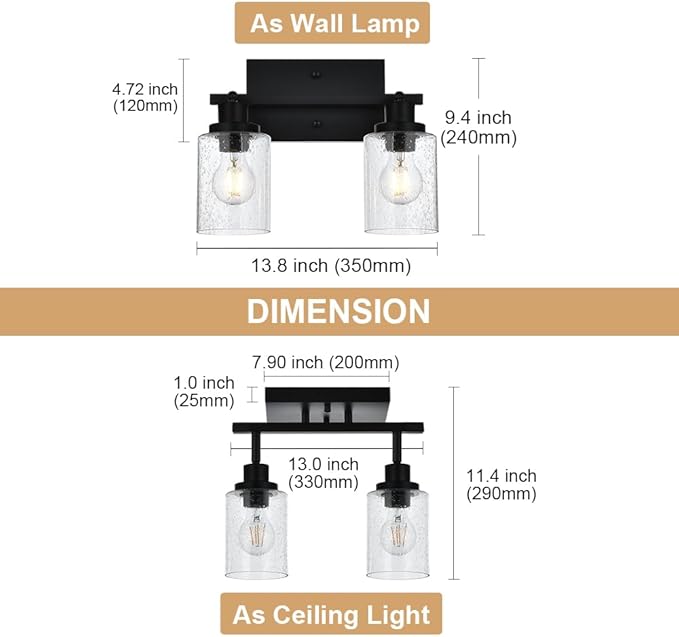2-Light Wall Sconce Spotlight Fixtures, Matte Black Track Lighting Kit Flush Mount Ceiling Light for Kitchen Over Mirror Foyer, Seeded Glass Shade
