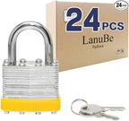 LanuBe Lock Laminated keyed Padlock (1-9/16", 40mm), keyed Alike Locks, Normal Shackle,Marked Yellow Plastic Hoop, Pack of 24
