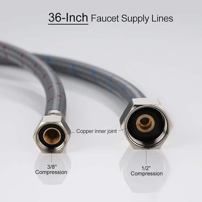 WOWOW 36" Faucet Supply Line, Bathroom Kitchen Faucet Lines Braided Nylon Sink Hose with 3/8-Inch Female Compression Thread x 1/2" Comp 2Pcs (1 Pair)