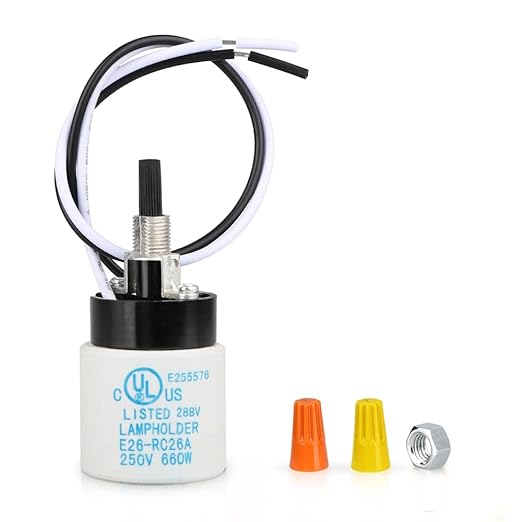 Helunsi E26 E27 Ceramic Lamp Socket with Rotary Knob Switch, Universal Replacement Porcelain ON OFF Turn Switch Light Bulb Socket, E26 Medium Base Lamp Holder with Threaded Nuts and Wire Lead - 1 Pack