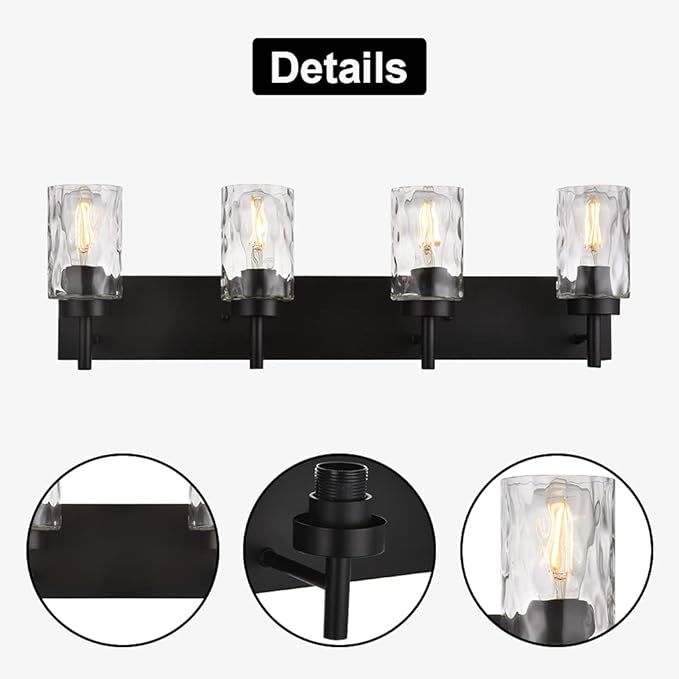 BONLICHT 4 Light Wall Vanity Bathroom Lights with Clear Hammered Glass in Black Finish,Modern Farmhouse Sconces Wall Lighting Fixtures Over Bath Makeup Mirror Industrial Wall lamp for Kitchen Hallway
