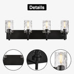BONLICHT 4 Light Wall Vanity Bathroom Lights with Clear Hammered Glass in Black Finish,Modern Farmhouse Sconces Wall Lighting Fixtures Over Bath Makeup Mirror Industrial Wall lamp for Kitchen Hallway