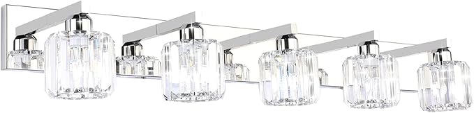 Aipsun Crystal Bathroom Vanity Light Stainless Steel Modern Vanity Light 5 Lights Crystal Bathroom Vanity Light Fixtures (Exclude Bulb)