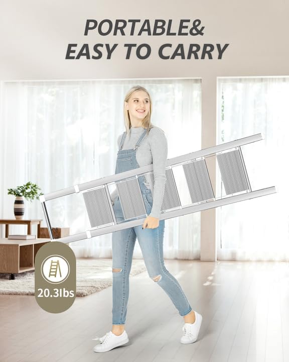 5 Step Ladder, Folding Step Stool, White Foldable Iron Ladder for 10 Foot High Ceiling with Anti-Slip Wide Sturdy Pedal and Handgrip, Multi-Use for Home (300 lbs Capacity)