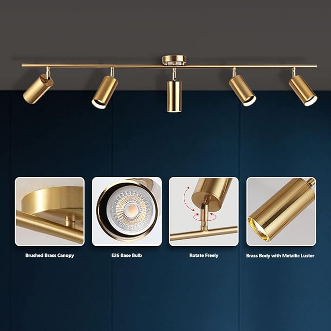 KCO Lighting Modern 5-Lights LED Track Lighting Kit Brushed Brass Kitchen Ceiling Spotlights Light Fixture Mid Century Gold Adjustable Flush Mount Ceiling Spot Light (5 Lights)