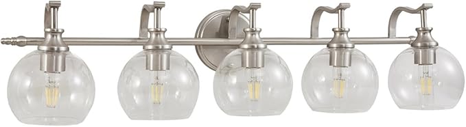 ANDY STAR 5-Light Brushed Nickel Bathroom Light Fixture, 35" Large Wall Sconce, Glass Globe Design, Perfect for Large Bathrooms, Double Vanities, Elegant Linear Design