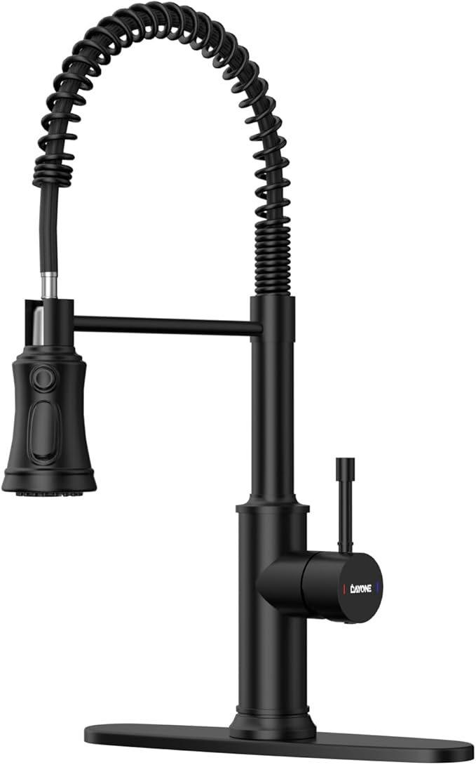 DAYONE Matte Black Kitchen Sink Faucet with Pull Down Sprayer Antique, 3 Modes Stainless Steel Spring Vintage Sink Faucet for Kitchen Bar Camper 1 or 3 Holes Single Handle