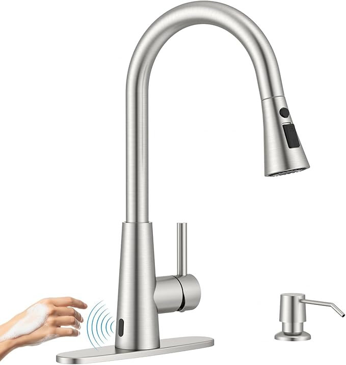 APPASO Touchless Kitchen Faucet with Soap Dispenser Brushed Nickel, Side Motion Sensor Kitchen Faucet, Single Hanle 3-Mode Hands-Free Faucet for Kitchen Sink