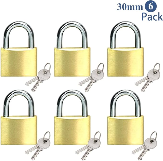 Solid Brass Padlock keyed Different Locks of 6 Pack, Solid Lock with (30mm) Wide Lock Body, Keyed Padlocks for Toolbox, Luggage,School lockers, Backpacks…
