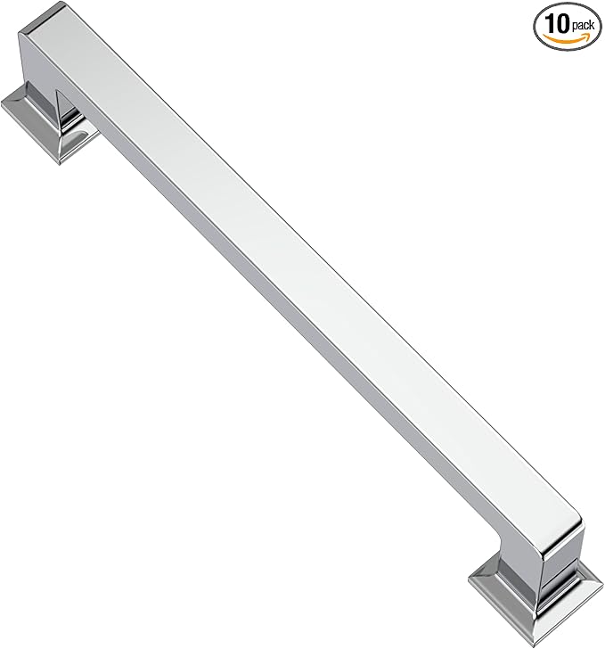 Alzassbg 10 Pack Polished Chrome Cabinet Pulls, 5 Inch(128mm) Hole Centers Cabinet Handles Square Kitchen Hardware for Cabinets AL3046CP