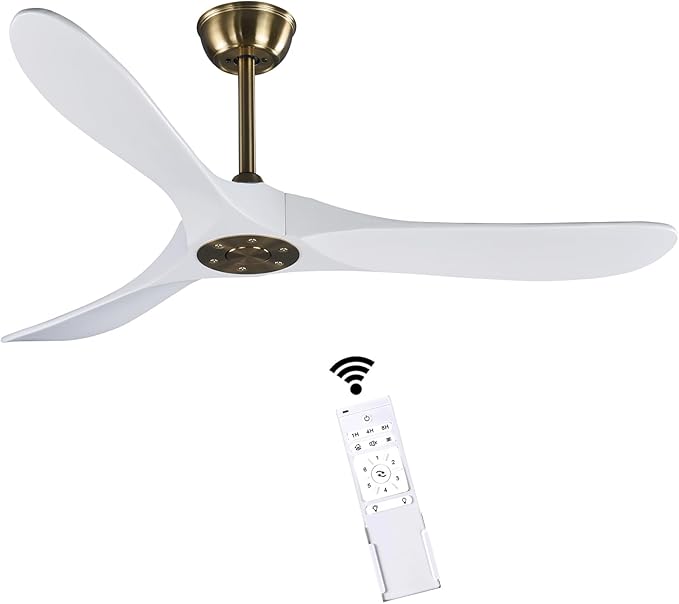 52" 3 Blade Ceiling Fan Without Light, Farmhouse Rustic Wooden Flush Mount Ceiling Fan no Light with Remote for Indoor/Outdoor - High End Silent Operation, White & Gold, 52 Inch