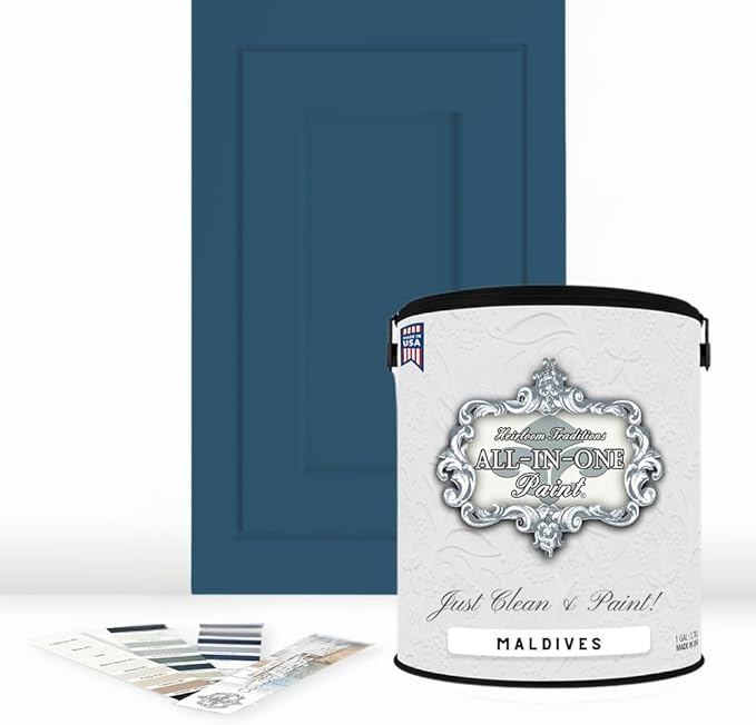ALL-IN-ONE Paint, Durable cabinet and furniture paint. Built in primer and top coat, no sanding needed. Includes our 30 featured color card - Maldives (royal blue), Gallon