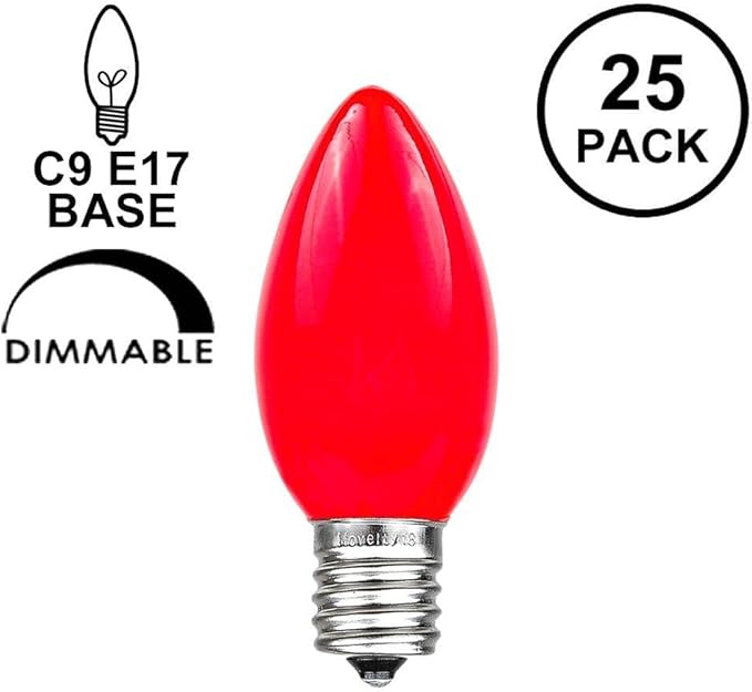Novelty Lights 25 Pack C9 Ceramic Outdoor Christmas Replacement Bulbs, Red, E17/C9 Intermediate Base, 7 Watt