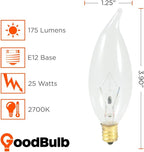 GoodBulb 25 Watt Flame Tip Candelabra Light Bulbs | CA10 Clear Finish E12 Base 2700K Warm White Light | Dimmable | 175 Lumens | Pack of 12