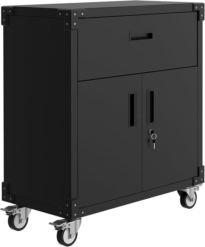 GarveeHome Rolling Tool Cabinet with Drawer | Heavy Duty Metal Garage Storage with Adjustable Shelf & Locks | Rust Resistant Wheels for Warehouse Workshop, Black