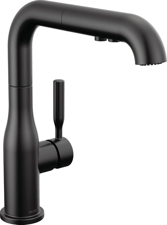 Delta Almari Matte Black Kitchen Faucet with Pull-Out Sprayer, Modern Single Hole Kitchen Sink Faucet, Single Handle, Matte Black 16943-BL-DST