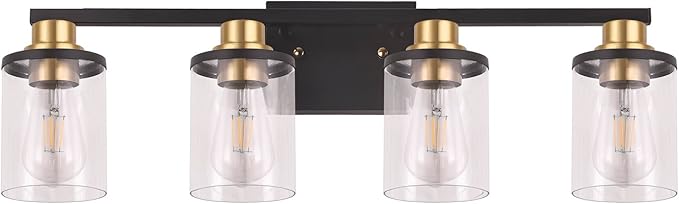 4-Lights Bathroom Vanity Light Fixtures, Modern Black Wall Lamp Over Mirror with Clear Glass Shade for Living Room, Hallway, Kitchen,Toilet, Cabinet Porch