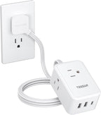 TESSAN Cruise Essentials, Flat Plug Power Strip, 5 Ft Extension Cord with 3 USB (1 USB C), 3 Outlets Small Charging Station, Non Surge Protector for Cruise Ship Travel, Dorm, Home Office, White