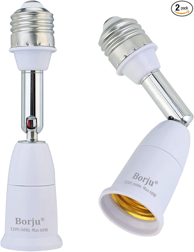 Borju Light Socket Extender [2-Pack], 4.5 Inch Extension, 360° Adjustable Socket, White