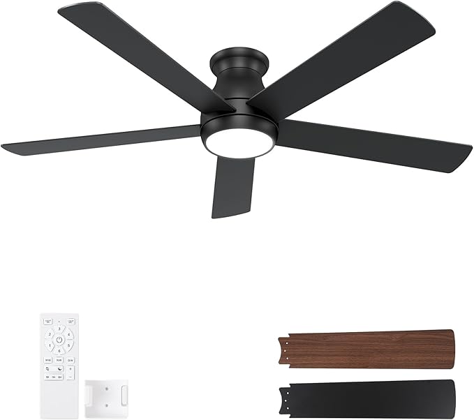 60 Inch Black Ceiling Fans with Lights and Remote, LED Low Profile Flush Mount Ceiling Fan for Bedroom, Living Room, Quiet DC Motor, Dimmable 6 Speeds