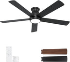 60 Inch Black Ceiling Fans with Lights and Remote, LED Low Profile Flush Mount Ceiling Fan for Bedroom, Living Room, Quiet DC Motor, Dimmable 6 Speeds