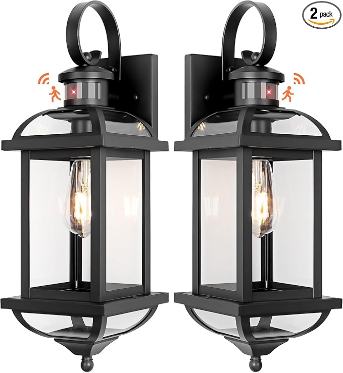 Motion Sensor Porch Lights Dusk to Dawn, 19 Inch Enclosed Bottom Anti-Rust Aluminum Black Outdoor Light fixtures 2 Pack Large Exterior Light Outdoor Wall Lights for House Garage Patio