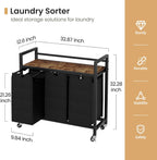 Laundry Hamper, Laundry Basket, Laundry Sorter with 3 Removable Bags, Clothes Basket with 3 Compartments, Wheels, Shelf for Laundry Room Bathroom Bedroom (3 Bags-Black)