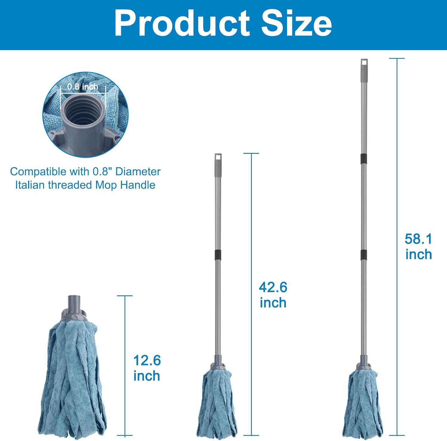 KeFanta Mops for Floor Cleaning,One Mop Handle with 2 Blue Microfiber Cloth Mops Head Replacement,String Wet Mop Refills Compatible with 0.8" Diameter Stick(1 Pole & 2 Heads)