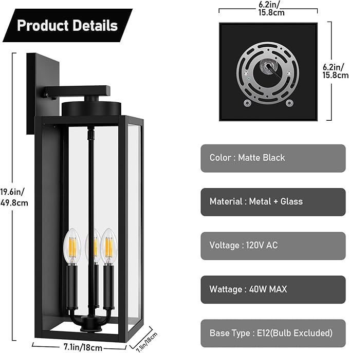 20in Large Outdoor Wall Light Fixtures, Exterior Lighting Fixtures Porch Sconces Wall Mounted, Waterproof Black Outdoor Wall Lanterns Lamps, Outside Lights for House Patio Front Door Entryway, 2-Pack