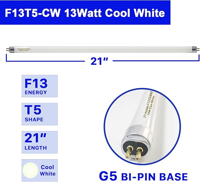 8 Pack 21 Inch T5 Fluorescent Light Bulb 13 Watt F13T5/CW Compatible for Sylvania Satco Philips GE Under Cabinet Tube Light Cool White 800 Lumen G5 Base 8 Count