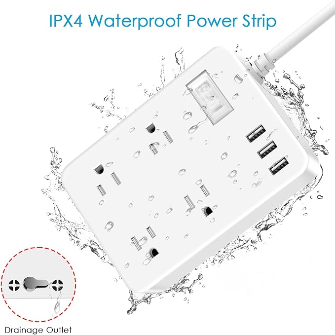 Jgstkcity Outdoor Waterproof Power Strip, 4 Flat Plug Outlets and 3 USB Ports, Mountable Weatherproof Surge Protector, Multi Outlet Extension for Camping, Garden, Kitchen, Bathroom, 6ft Cord (White)