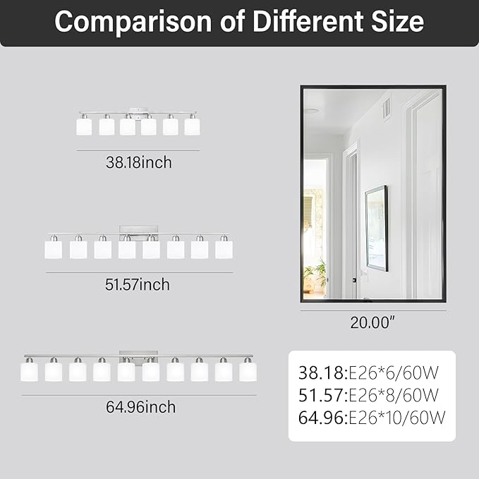 Brushed Nickel Bathroom Vanity Light for Giant Mirror, 10 Light Brushed Nickel Vanity Lights, 65 inch Wall Lamps for Bedroom for Mirrors with Milky White Frosted Glass Shades, E26
