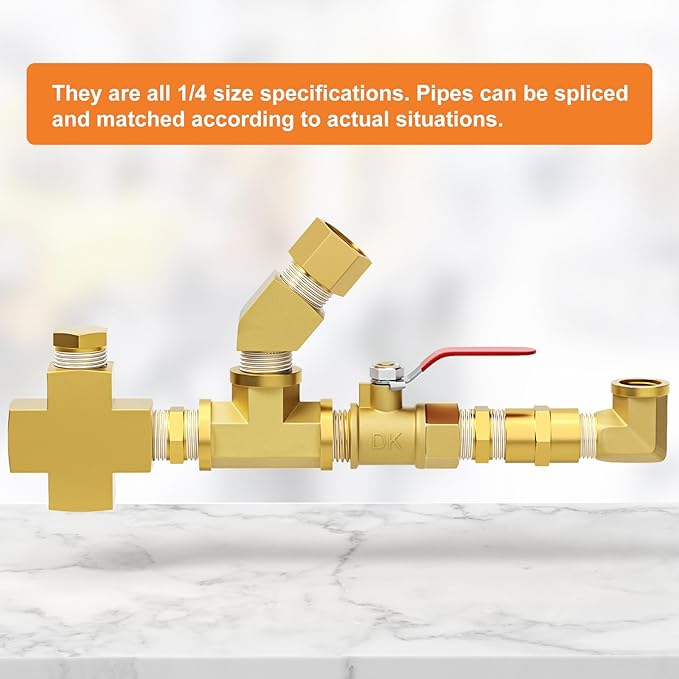 GASHER 48PCS 1/4"NPT Brass Pipe Fittings Kit，Coupling，90 Degree Elbow，45 Degree Elbow，Nipple，Ball Valve，Plug，Tee，4 Way，Reducer Adapter