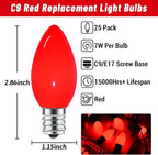 25 Pack C9 Red Replacement Bulbs, C9 Christmas Lights Red Ceramic Incandescent Bulbs for Vintage Christmas Lights Indoor and Outdoor Decorations, E17 Candelabra Base, 7 Watts Night Light Bulbs