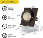 Square Bronze Recessed Lighting 4 Inch 6 Pack, Ajustable Eyeball recessed Light with Junction Box,5 Color Selectable,Airtight,9W 750LM,Dimmable,Bronze