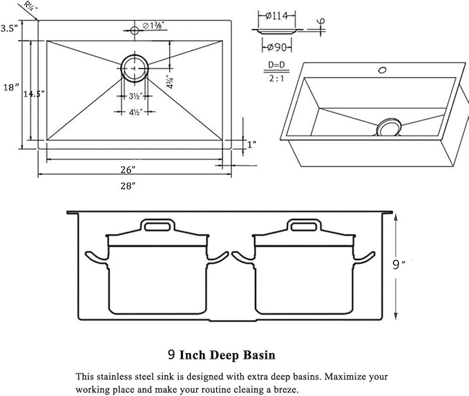 SHACO 28 Inch Drop In Kitchen Sink, Commercial Handmade T304 16 Gauge Stainless Steel Top Mount Sink, 9 Inch Deep Single Bowl Basin Laundry Utility Wet Prep Sink, Fregadero