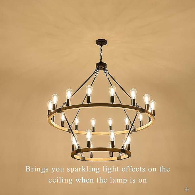 24-Light 2 Tiers Farmhouse Wooden Wagon Wheel Chandelier, 43.3'' Black Metal Round Chandeliers 2-Story Natural Rustic Light Fixtures for High Ceiling Living Dining Room Foyer Villa