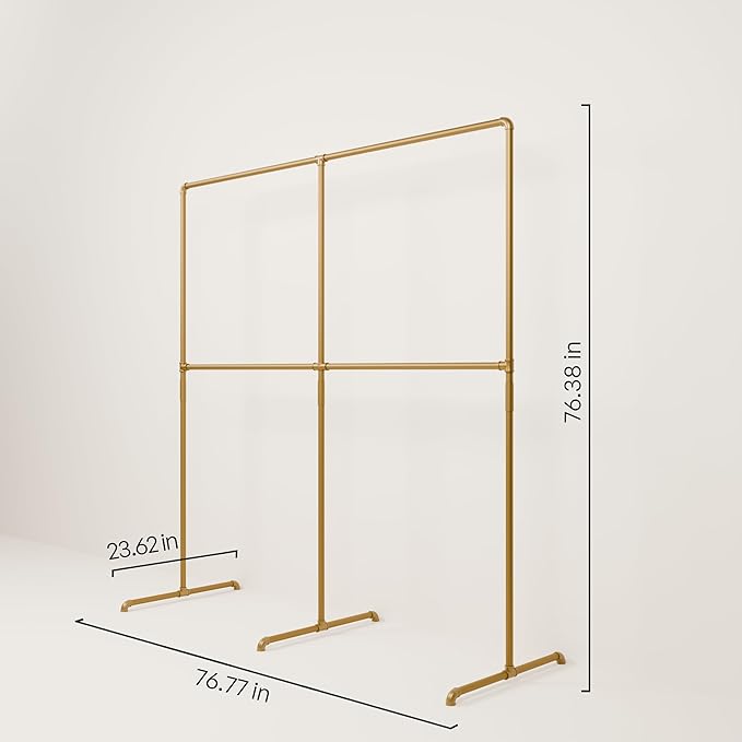pamo Gold Clothing Rack – 76.77" W x 76.38" H – Industrial Pipe Metal Garment Organizer for Bedroom or Retail – Heavy-Duty Clothes Rack – Easy Assembly