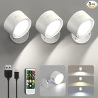 LED Wall Sconces 3 Pcs with Remote, Wall Mounted Lights Rechargeable Battery Operated, 3 Color Temperatures & Dimmable Wall Lamp Magnetic 360° Rotation Light for Bedroom Living Room