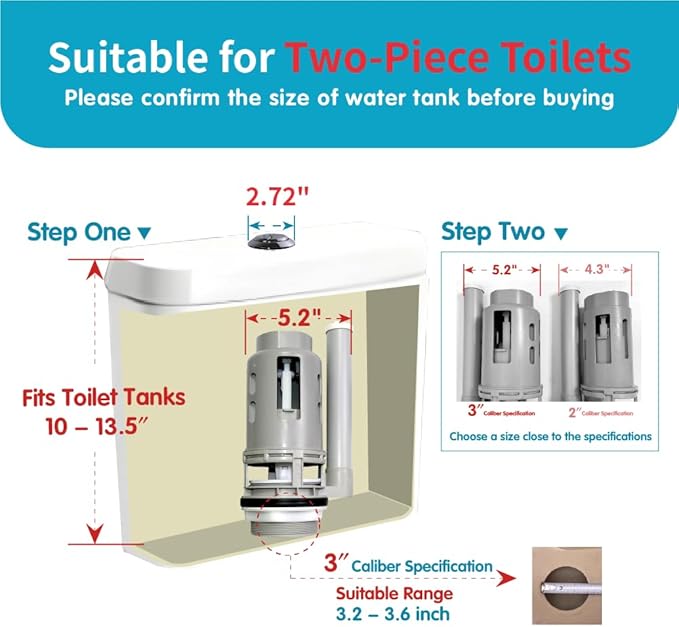 3-Inch Dual Flush Valve Repair Kit for 2-Piece Toilet,Fits Glacier Bay,Aquasource and most brands.Includes 8.2"Height Flush Valve, Fill Valve, Button, and Bolts