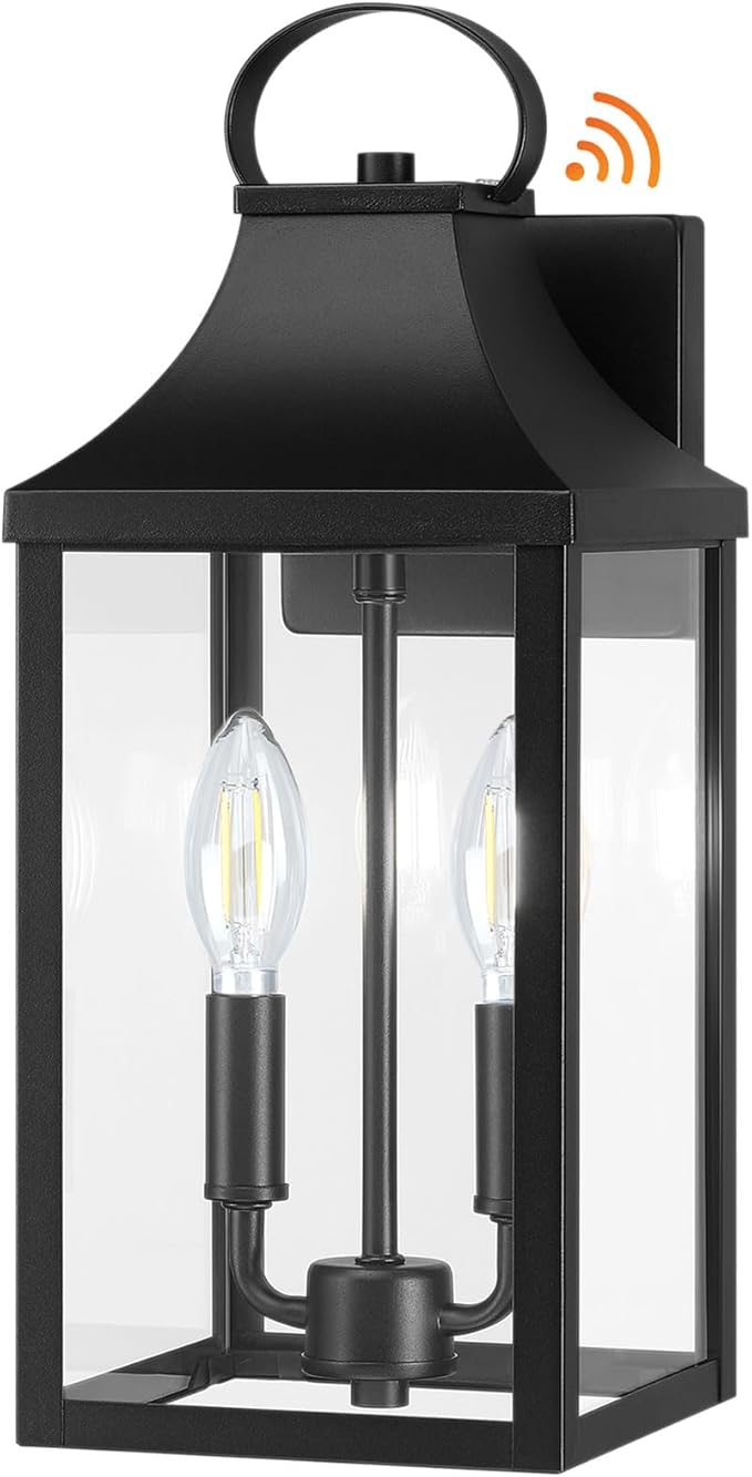 15" Dusk to Dawn Black Outdoor Wall Lantern, Outside Modern Wall Sconce Light Fixture, Porch Light Wall Mount with E12 Socket and Glass, Waterproof Exterior Lamp Lighting for Patio Garage, 1Pack