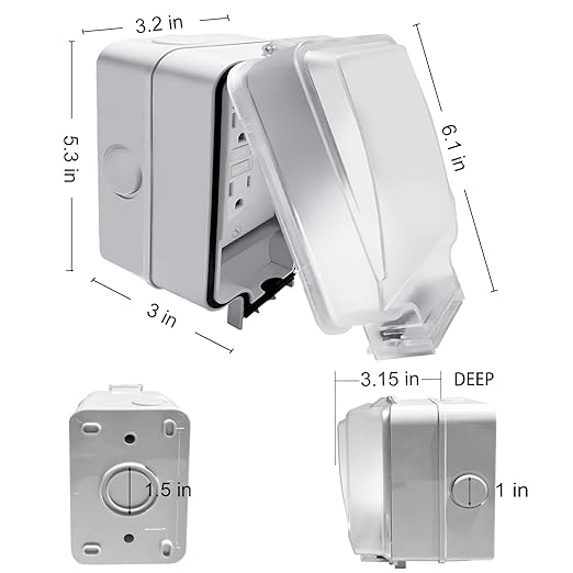 15 Amp GFCI Outdoor Electrical Outlet Box, Nonmetallic Heavy Duty Box IP66 Waterproof and NEMA 5-15 Self Test GFCI Outlet Kit, 3.15 Inch Deep, Lockable, Clear/Gray, UL Listed