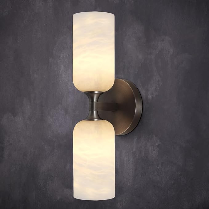 Alabaster Wall Sconce 14in Antique Brass Sconces Wall Lighting, Imported Alabaster Modern Marble Bathroom Vanity Sconces, Black Sconce Wall Decor, For Bedroom Living Room Staircases Hallway Foyer