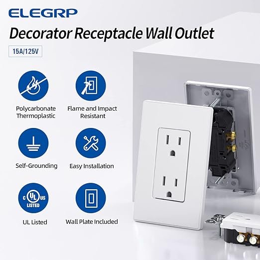 ELEGRP Matte White Standard Decorator Electrical Wall Receptacle Outlet, 15A 125V, 2 Pole 3 Wire, Non-Tamper Resistant, NEMA 5-15R, Self-Grounding, Mid Wall Plate Included, UL Listed (10 Pack)