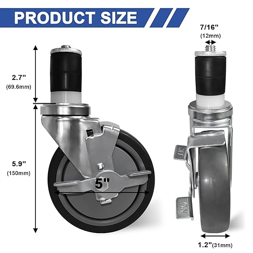 MySit 5 Inches Prep Table Wheels Set of 4, Expanding Stem Casters with Side Brake Fit 1-1/2", 1-5/8", 1-3/4", 1-7/8"ID Tube Pipe Legs for Stainless Steel Kitchen Cart, Wire Shelving Racks