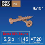 Wood Screws #8 x 1-1/4" 1145pcs(Approx), Tan Ruspert Coating Exterior Deck Screws, Torx/Star Drive Flat Head,Twist Shank, Cut Tip/Thread, Bit Included, 5.5 lb/Jar