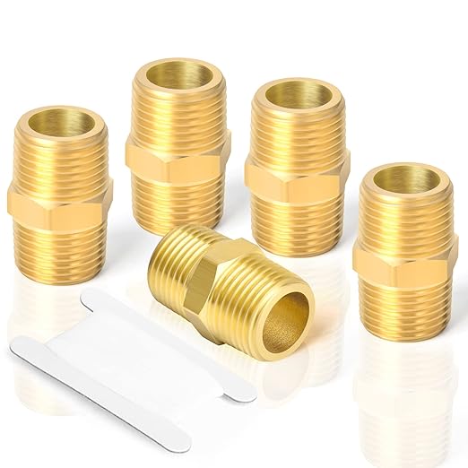 TAISHER 5PCS Brass Pipe Fitting Adapter, Hex Nipple, 1-Inch Male Pipe x 1-Inch Male Pipe